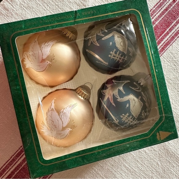 Vintage Set 4 Christmas By Krebs Blue Gold Glitter Glass Ball Ornaments Crowns - Picture 8 of 11